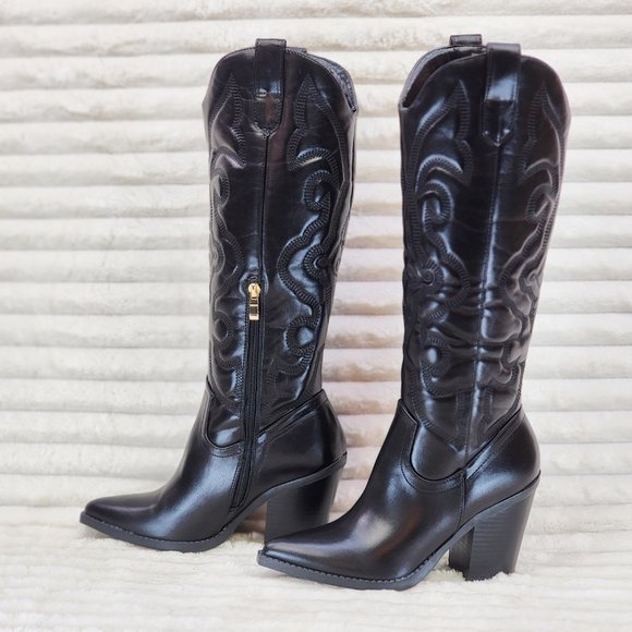 Berness Shoes - Electric Cowboy Jet Black Matte Western Knee High Cowgirl Boots Jet Black